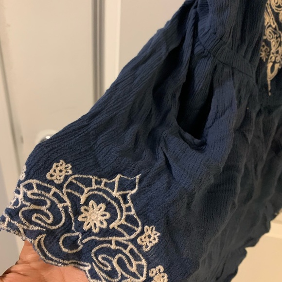 Navy Blue Linen Romper with White Embroidery - XS - Picture 2 of 5